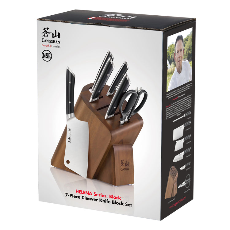 7-piece cleaver knife block set with black-handled knives and scissors in a wooden block, displayed on packaging box.