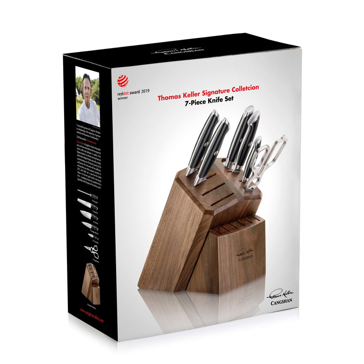 Knife block set with seven knives and eight empty slots, wooden block, stainless steel blades, Thomas Keller Signature Collec