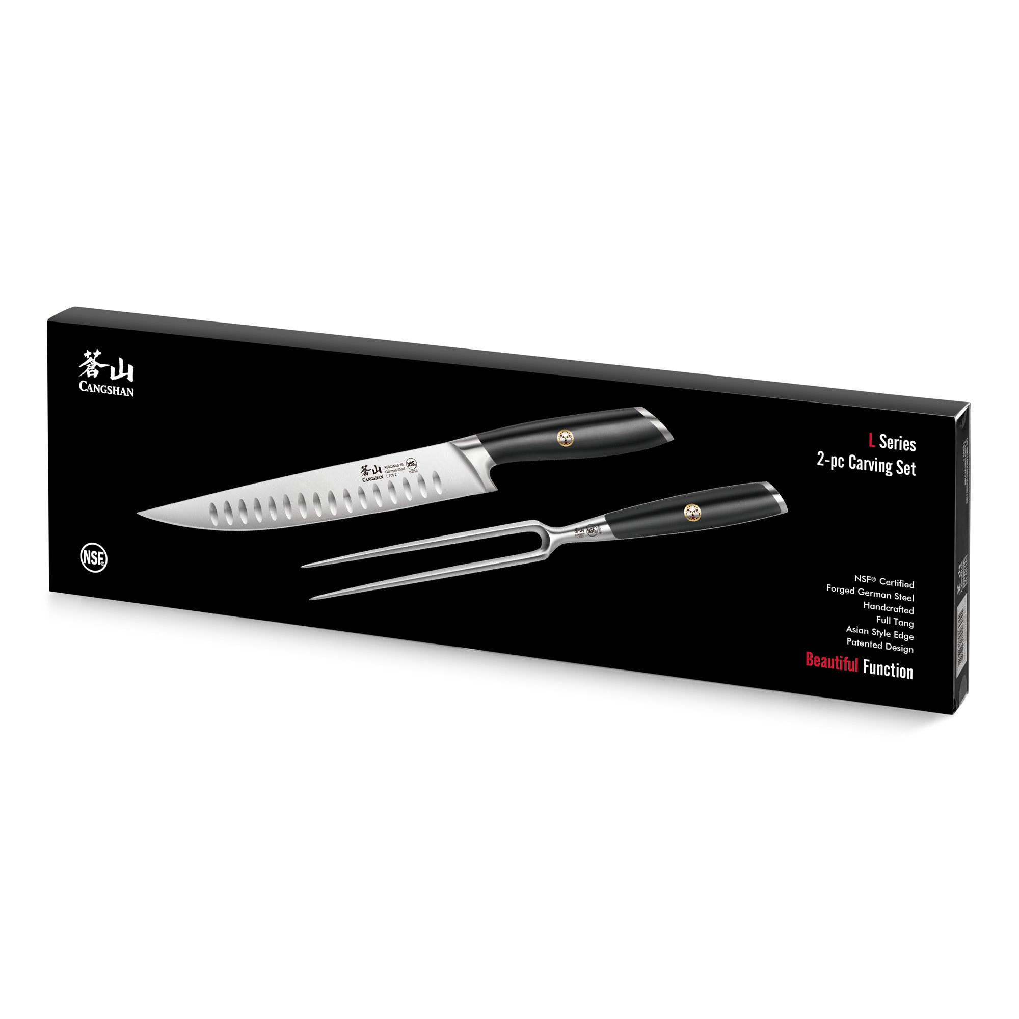 Black-handled carving knife and fork set displayed on black packaging box with product details.