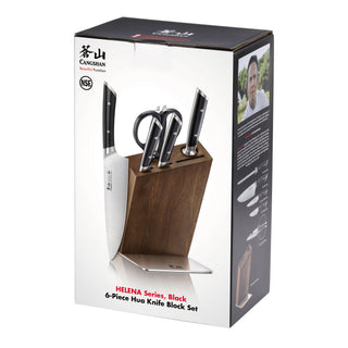 
                    
                      6-piece knife set with black handles in a wooden block, including a chef's knife, paring knife, and kitchen scissors.
                    
                  