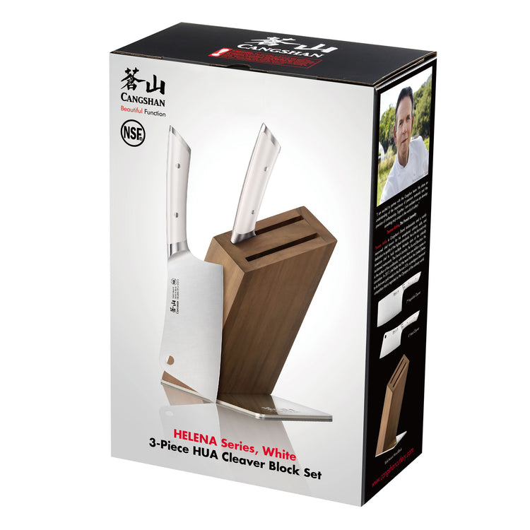Three-piece cleaver knife set with white handles displayed in a wooden acacia block.