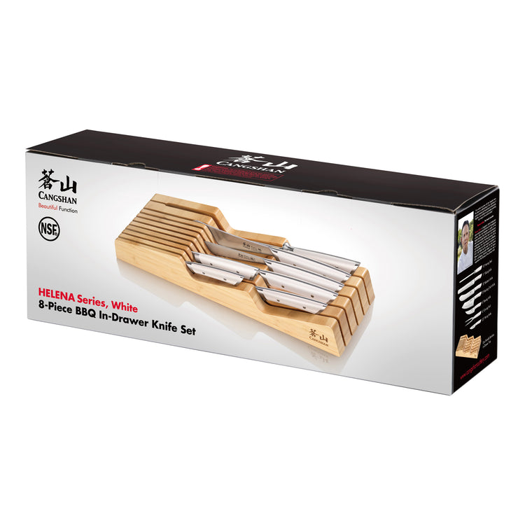 8-piece BBQ knife set with white handles in a bamboo in-drawer storage tray, displayed on packaging box.