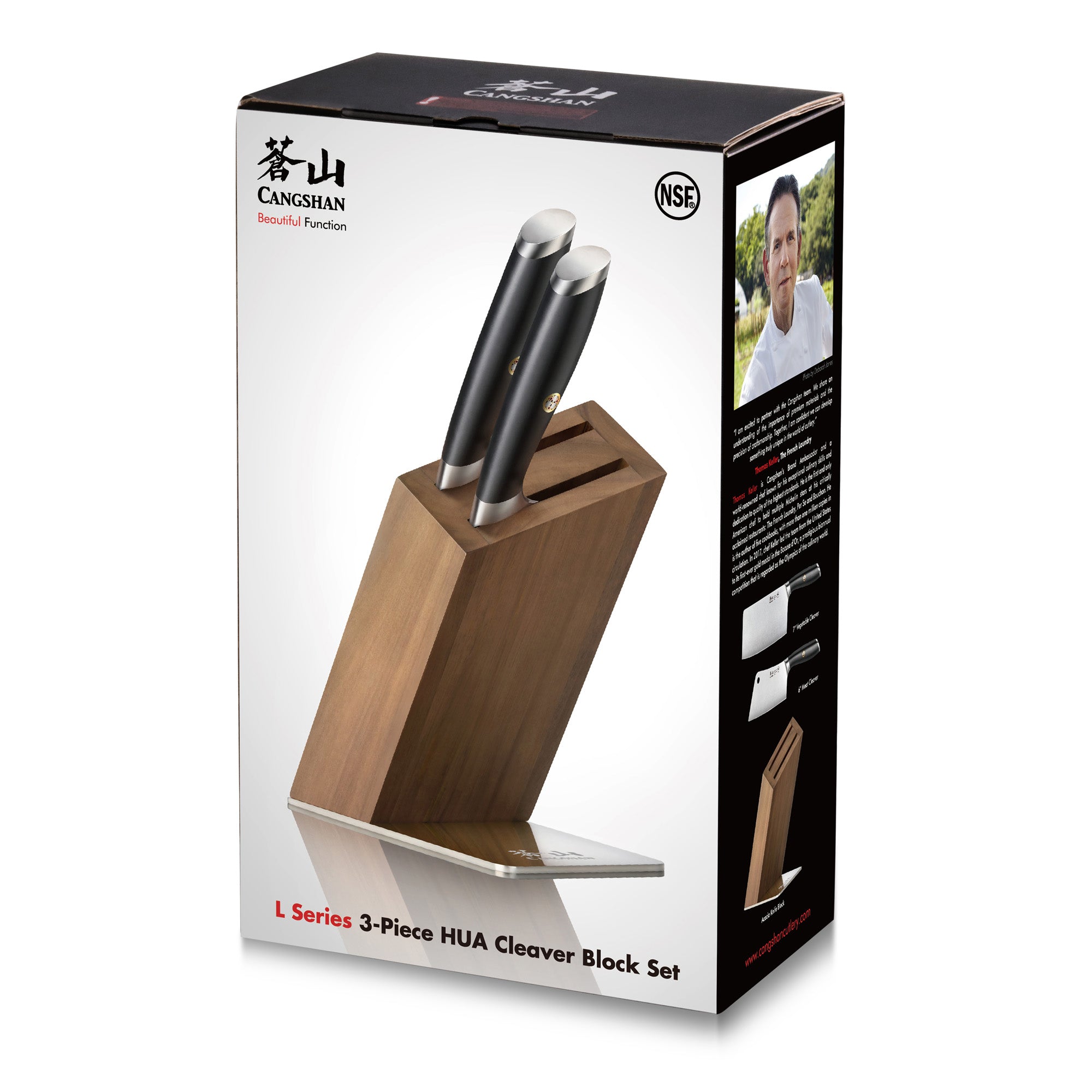 Wooden knife block with two cleaver-style knives inserted, shown on product packaging box.