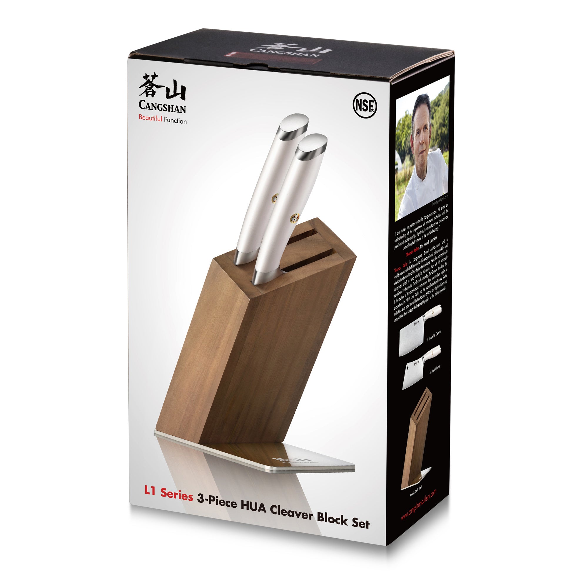 Wooden knife block with two stainless steel cleaver knives inserted, displayed on product packaging box.