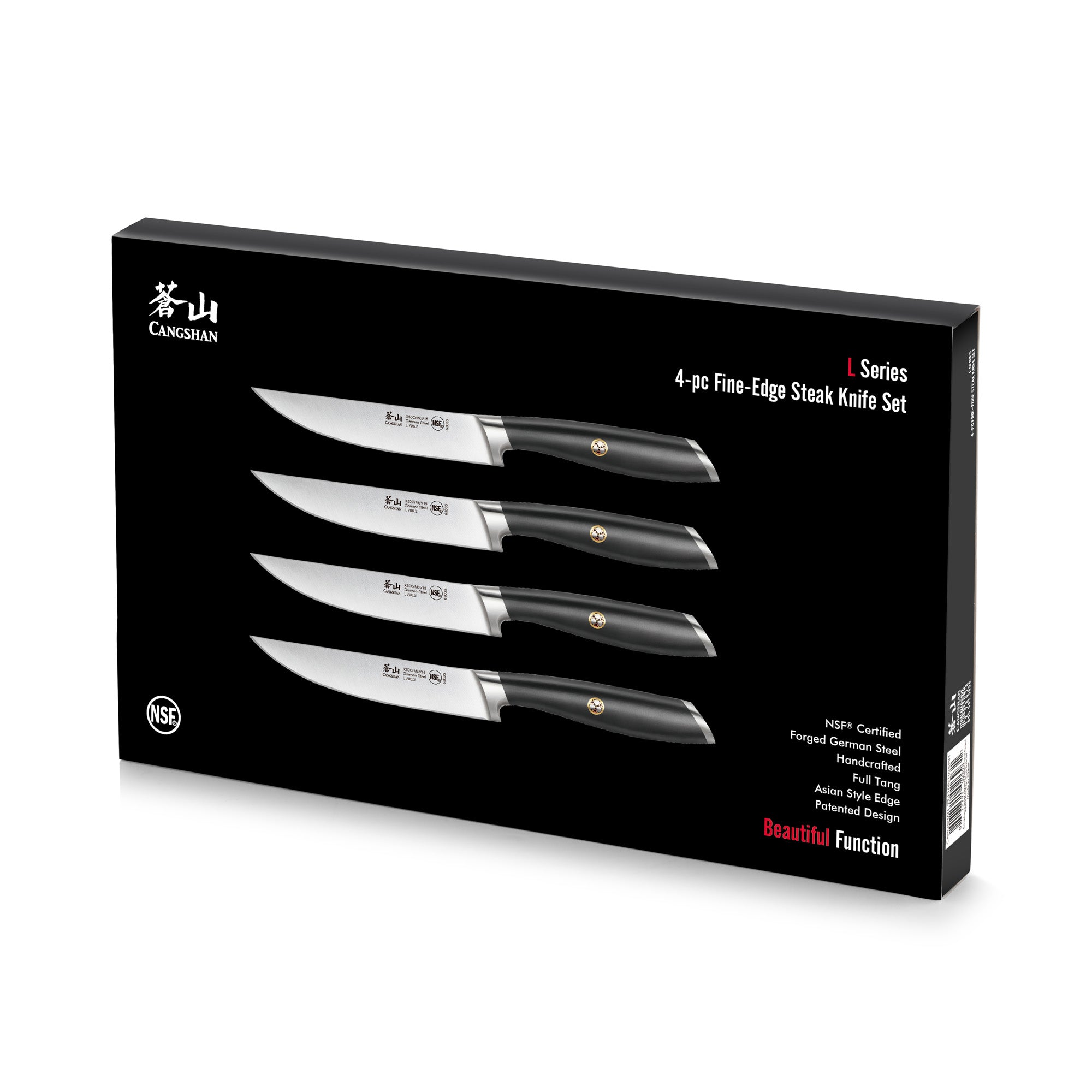 Four steak knives with black handles and fine-edge blades arranged horizontally on black packaging.