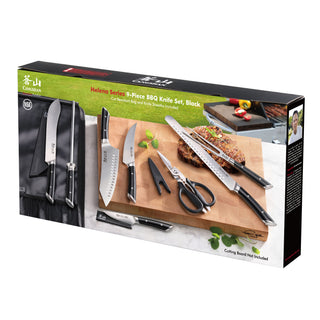 
                    
                      Nine-piece BBQ knife set with various knives, kitchen scissors, and a sharpening steel displayed on a wooden board.
                    
                  