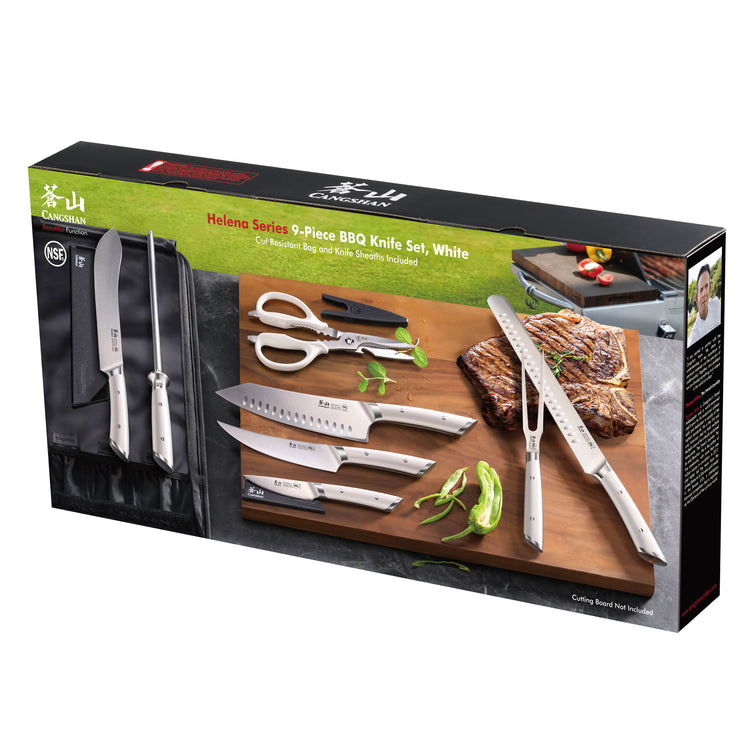 Nine-piece BBQ knife set with various knives, scissors, and a black carrying bag displayed on a wooden board.