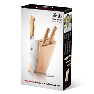 
                    
                      Four-piece knife set with wooden handles in a slanted maple block, including chef, utility, and paring knives.
                    
                  