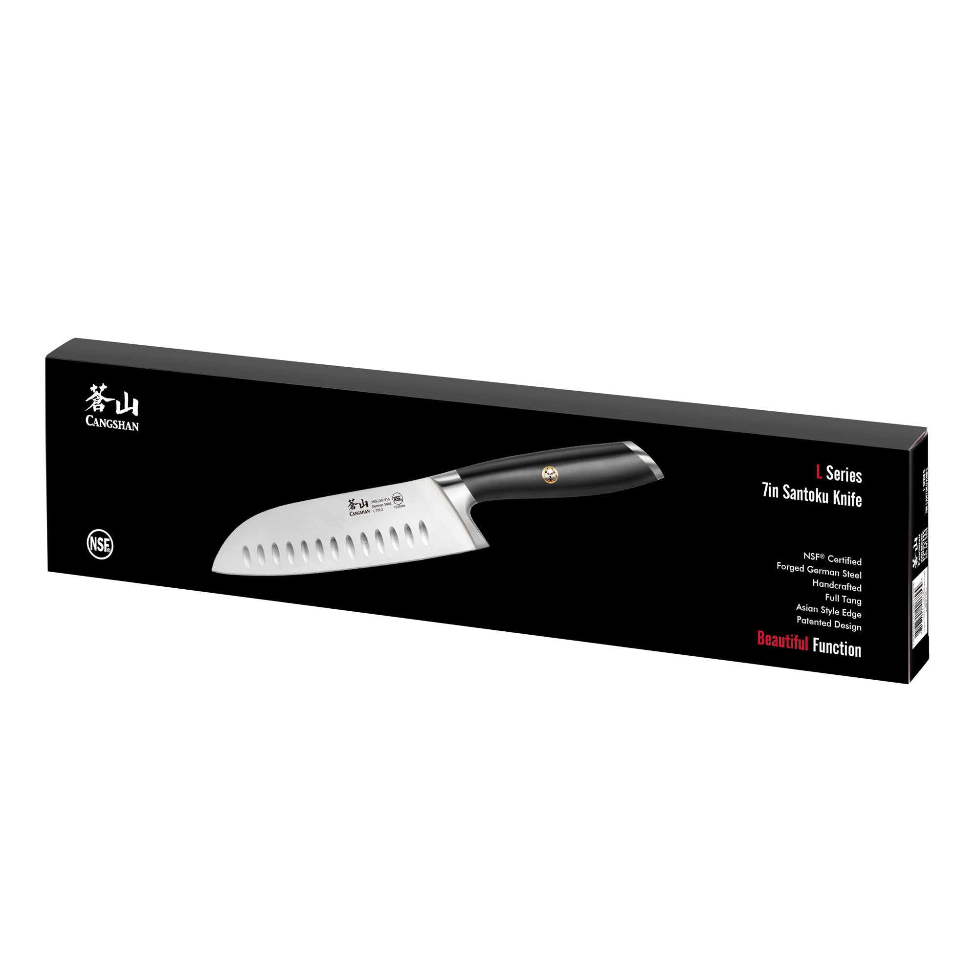 7-inch Santoku knife with black handle displayed on black rectangular packaging box.