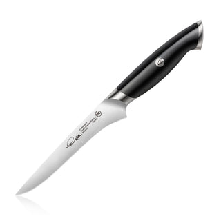 
                    
                      6-inch boning knife with curved stainless steel blade and black ergonomic handle with metal accents.
                    
                  