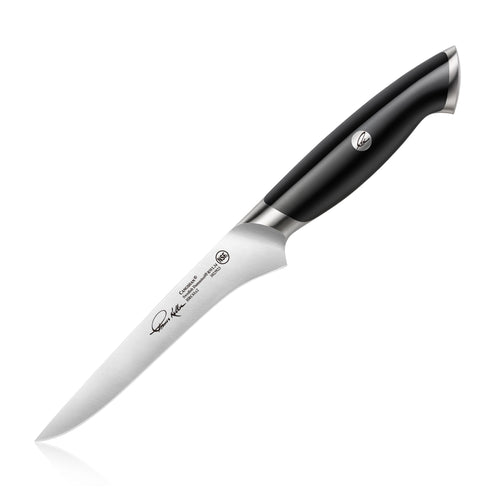 6-inch boning knife with curved stainless steel blade and black ergonomic handle with metal accents.