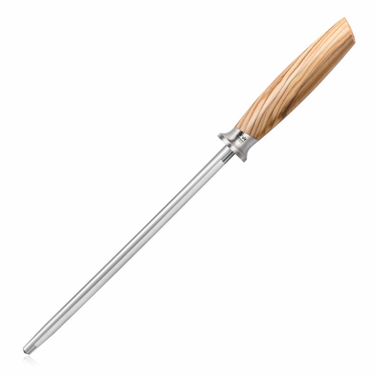 High-carbon honing steel with a long metal rod and a smooth olivewood handle.