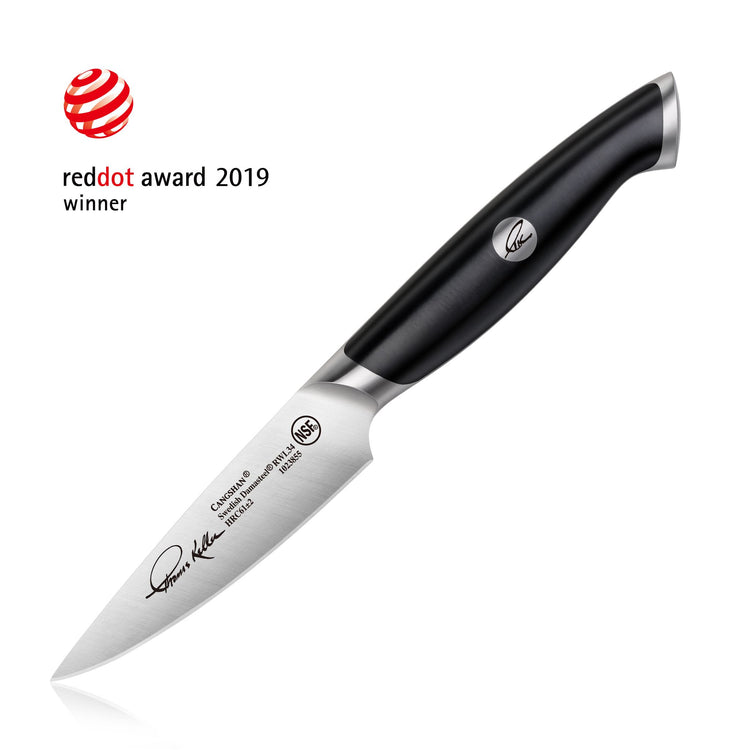 3.5-inch paring knife with black ergonomic handle and stainless steel blade, Red Dot Award 2019 winner.