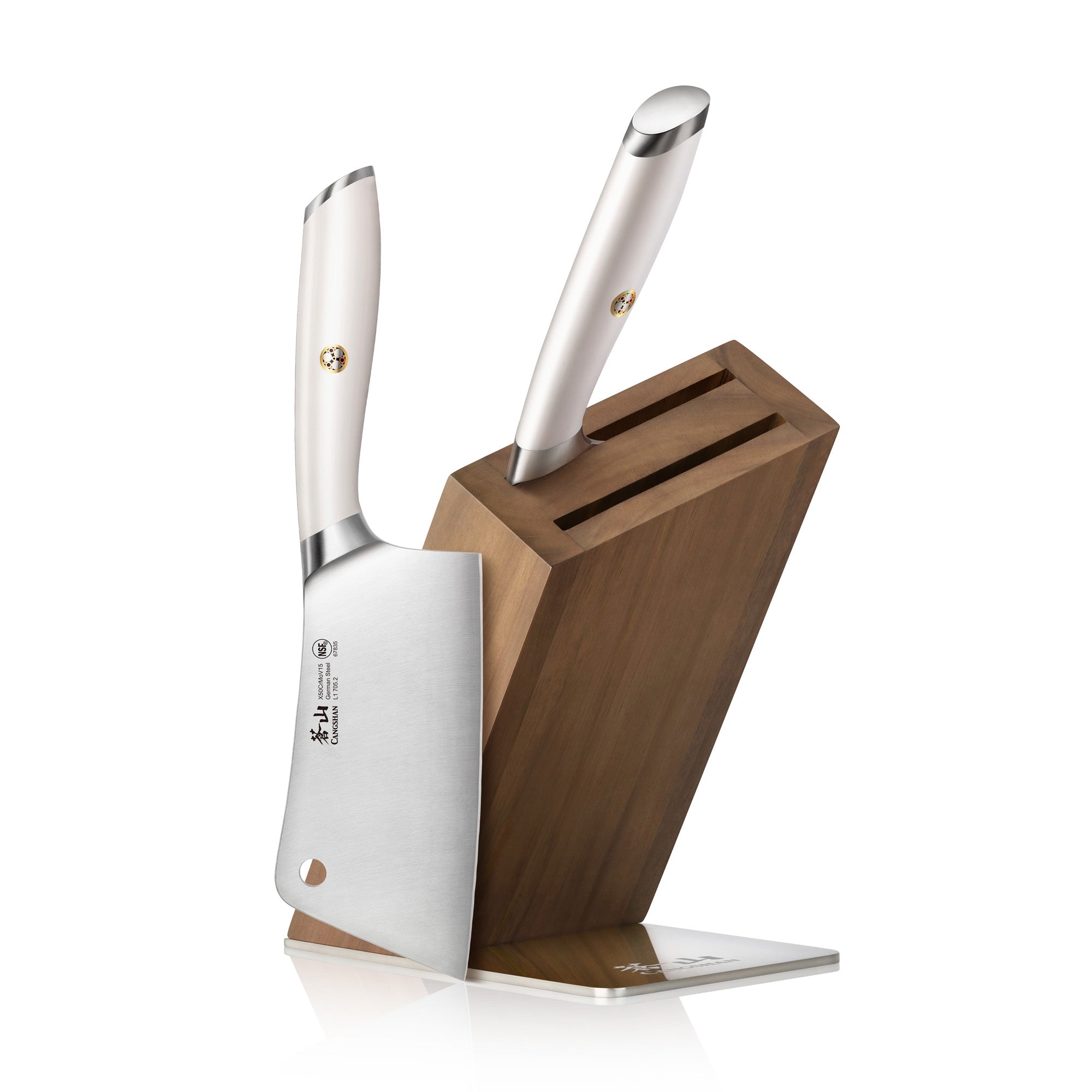 Wooden knife block with two stainless steel cleaver knives inserted, featuring white handles and a modern angled design.