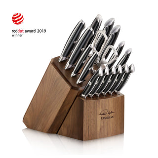 
                    
                      17-piece knife block set featuring black-handled knives and kitchen shears in a dark wood block.
                    
                  