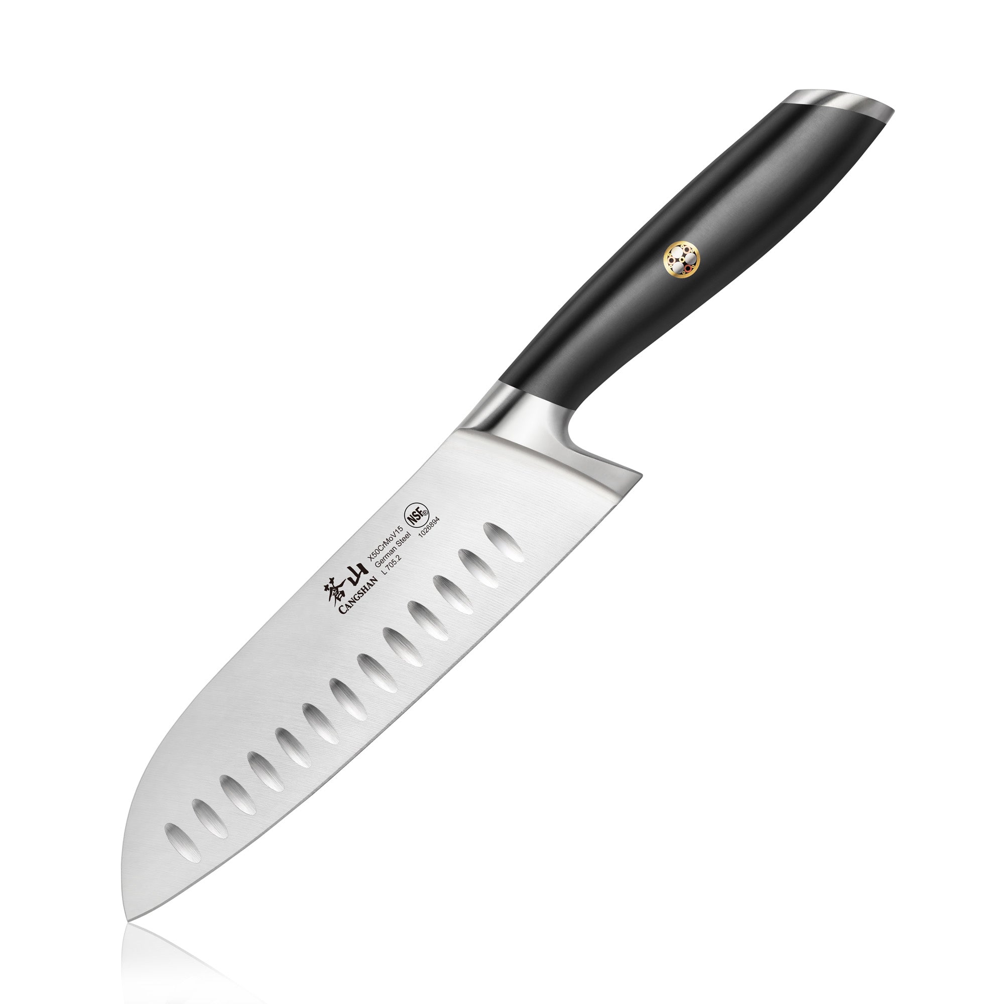 7-inch Santoku knife with black ergonomic handle and hollow edge blade made of forged German steel.