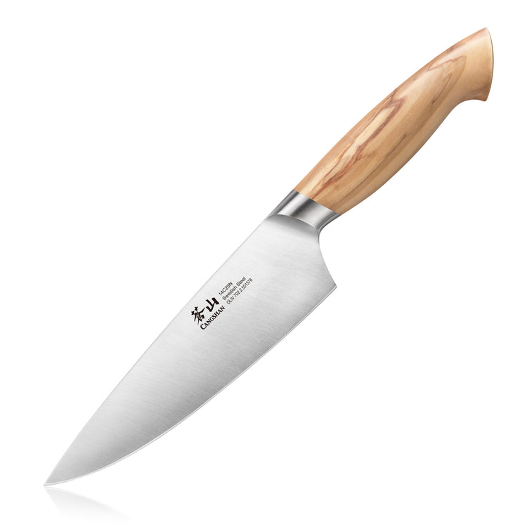 Chef's knife with a stainless steel blade and a light wood grain handle.
