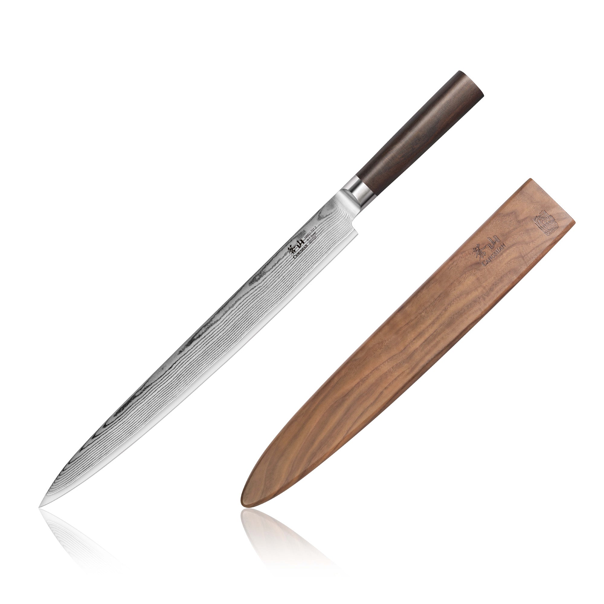 12-inch sashimi knife with patterned Damascus steel blade and dark wooden handle, next to a wooden sheath.