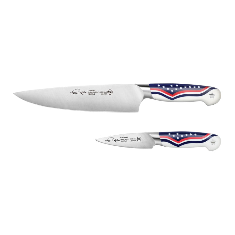 Two knives with stainless steel blades and handles featuring an American flag design, one large chef's knife and one small pa