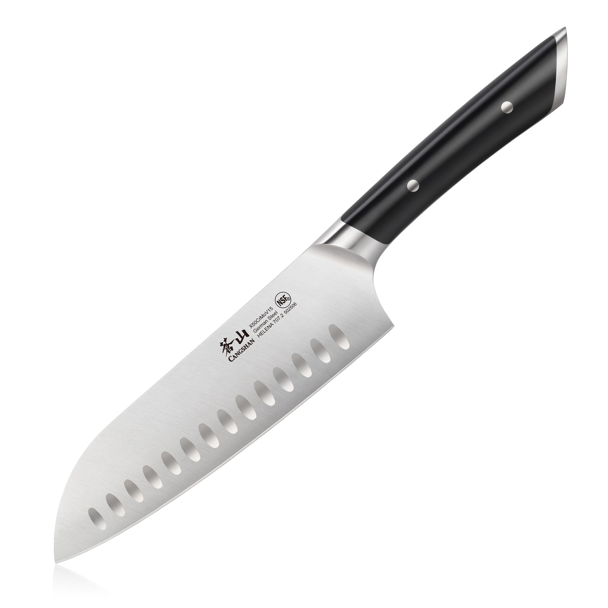 Santoku knife with a black handle and a stainless steel blade featuring oval indentations along the edge.