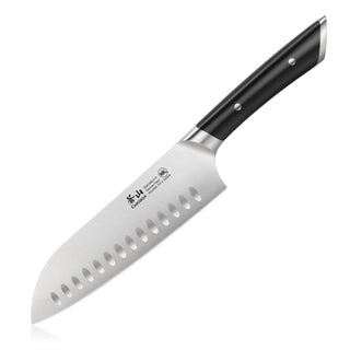 
                    
                      Santoku knife with a black handle and a stainless steel blade featuring oval indentations along the edge.
                    
                  