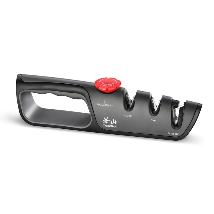 Black handheld knife and scissor sharpener with three slots labeled coarse, fine, and scissors, and a red adjustable angle di