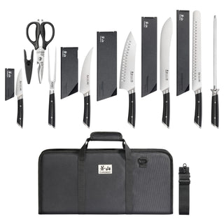 
                    
                      Nine-piece knife set with black handles, including scissors, sharpening rod, and black carrying case with shoulder strap.
                    
                  