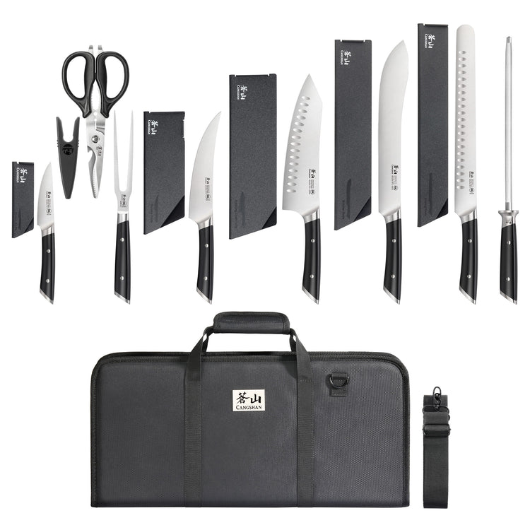 Nine-piece knife set with black handles, including scissors, sharpening rod, and black carrying case with shoulder strap.