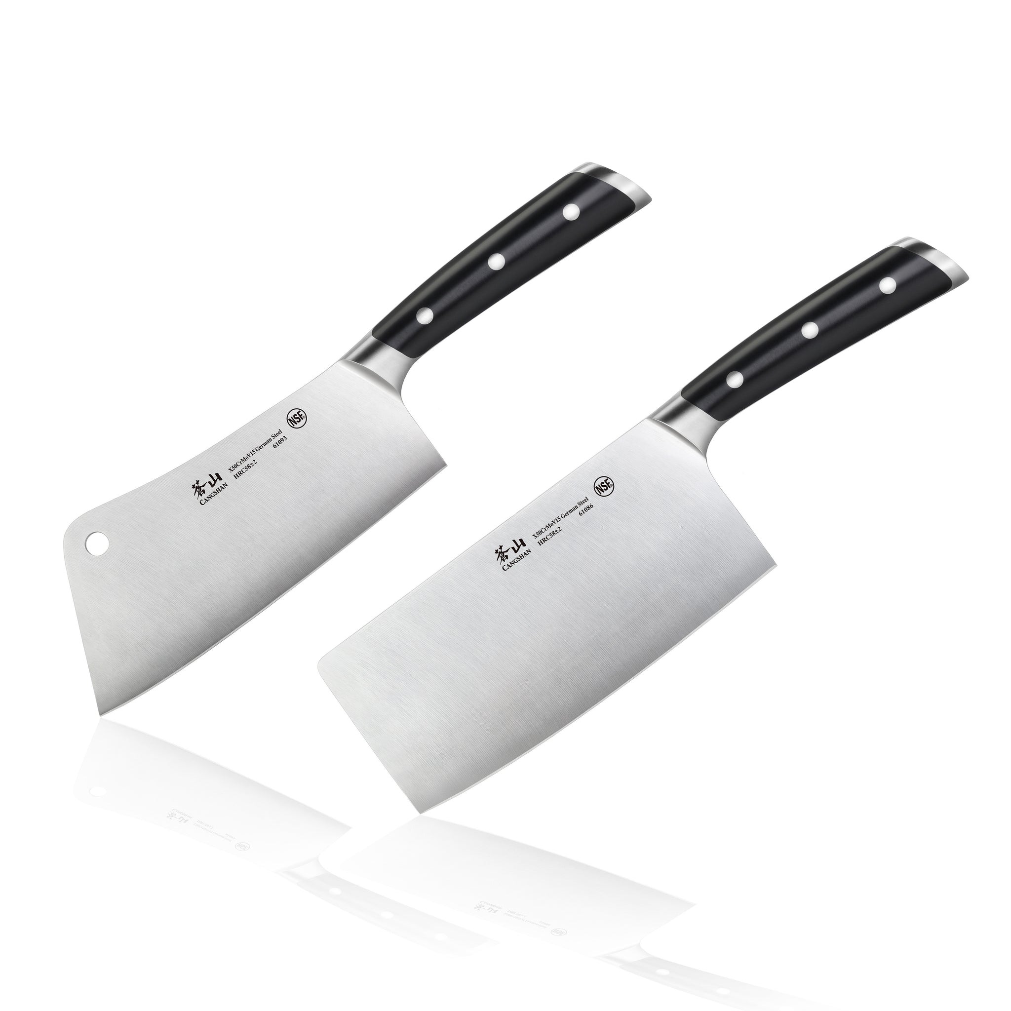 Two cleaver knives with black handles and stainless steel blades, positioned side by side on a white background.