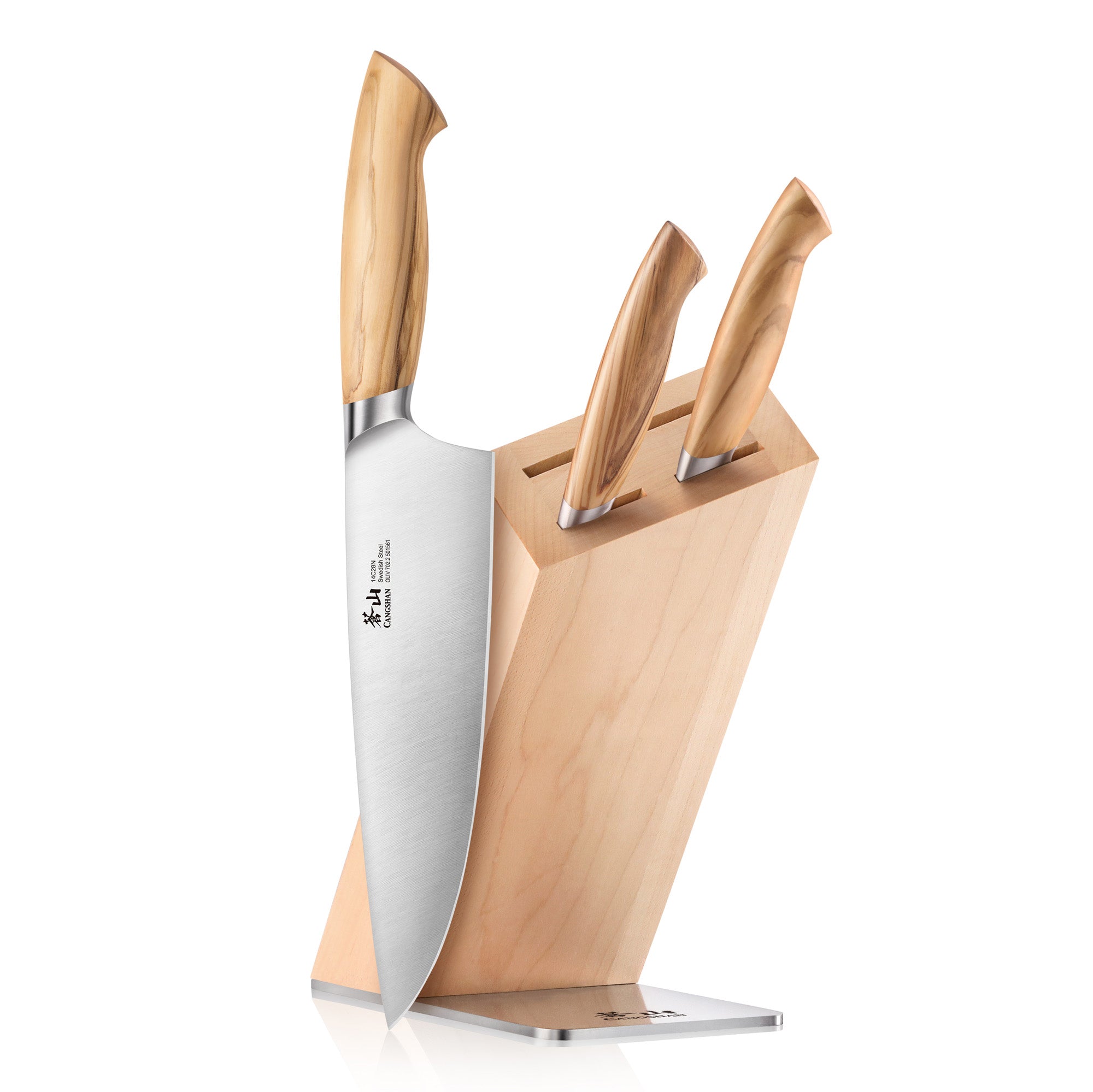 Four-piece knife block set with three knives in a light wood block and one large chef's knife resting against it.