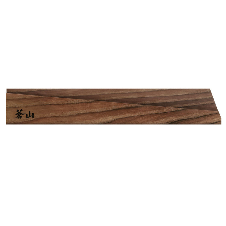 Solid ash wood magnetic knife sheath with a smooth finish and Japanese characters on one end.