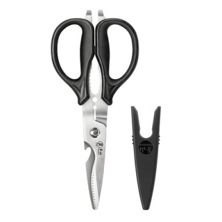 
                    
                      Black-handled kitchen shears with serrated blades and a matching black plastic blade holder.
                    
                  