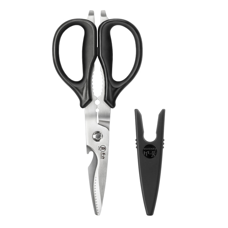 Black-handled kitchen shears with serrated blades and a matching black plastic blade holder.