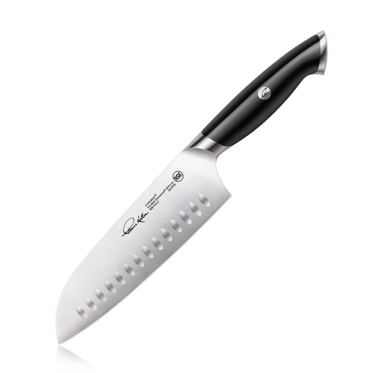 Santoku knife with a black ergonomic handle and a stainless steel blade featuring dimples along the edge.