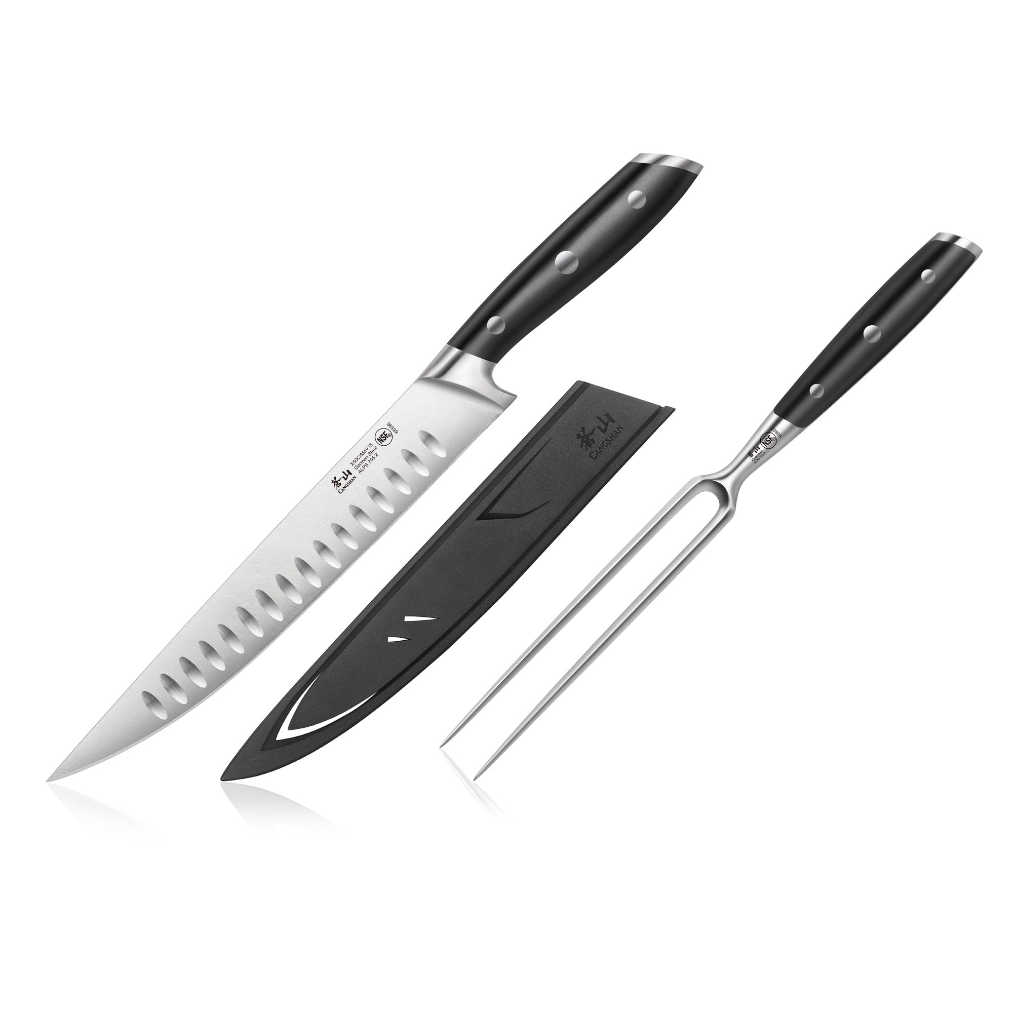 Two-piece carving set with a black-handled carving knife, matching sheath, and two-prong carving fork.