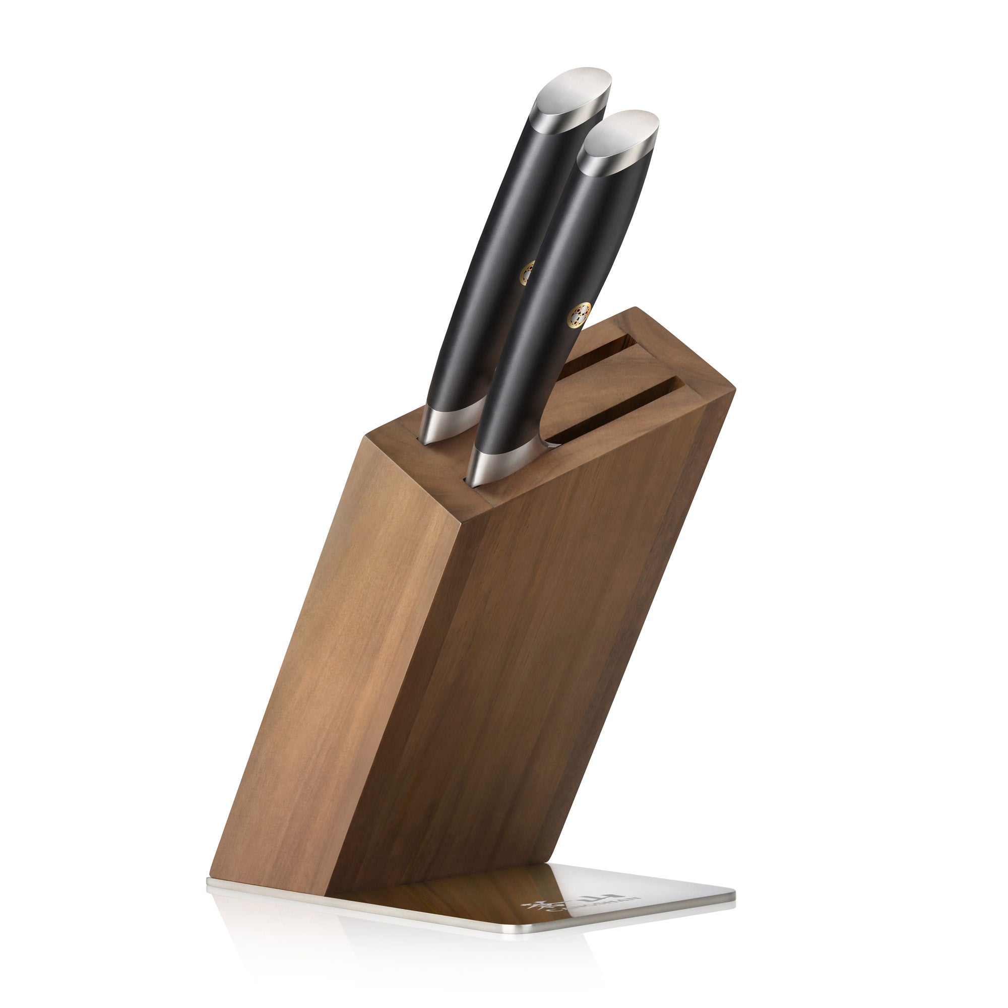 Wooden knife block holding two black-handled cleaver knives with metal accents.