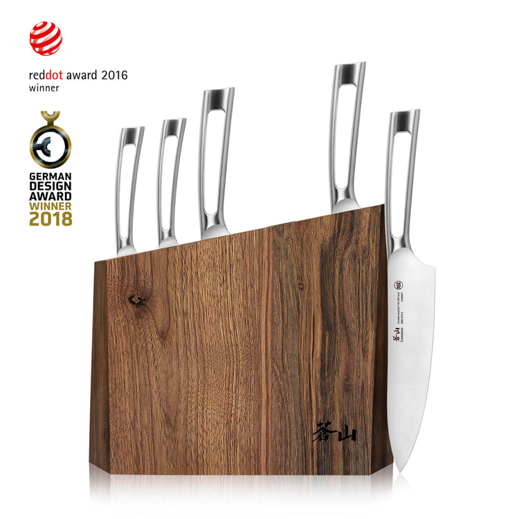 Six stainless steel knives with hollow handles in a walnut wood block, one knife displayed outside the block.