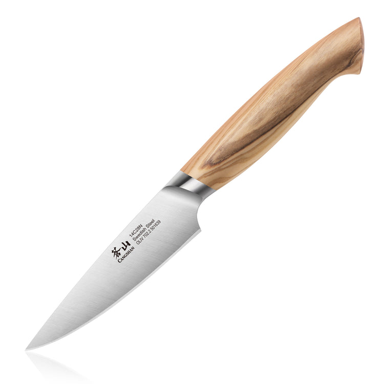 Paring knife with a polished stainless steel blade and a smooth olivewood handle.