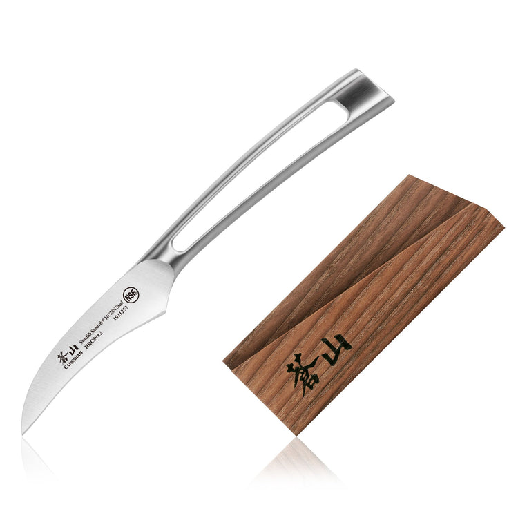2.75-inch curved peeling knife with hollow stainless steel handle and ash wood sheath with black markings.