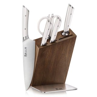 
                    
                      Six-piece knife set with stainless steel blades and handles, stored in a wooden block with a metal base.
                    
                  