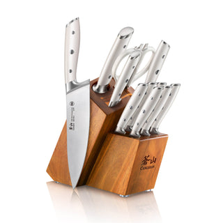 
                    
                      12-piece knife set with stainless steel blades and handles, stored in an acacia wood block with logo.
                    
                  