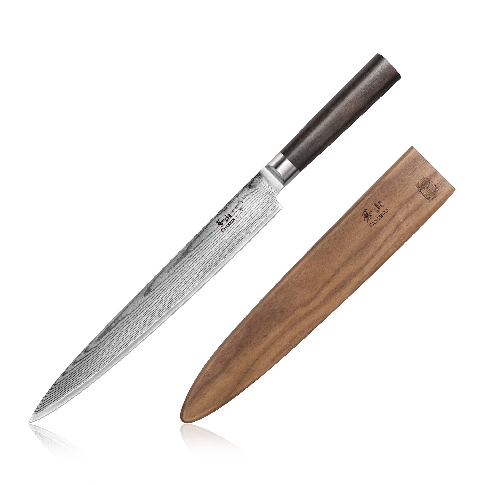 10-inch sashimi knife with patterned Damascus steel blade and dark wooden handle, next to a wooden sheath.