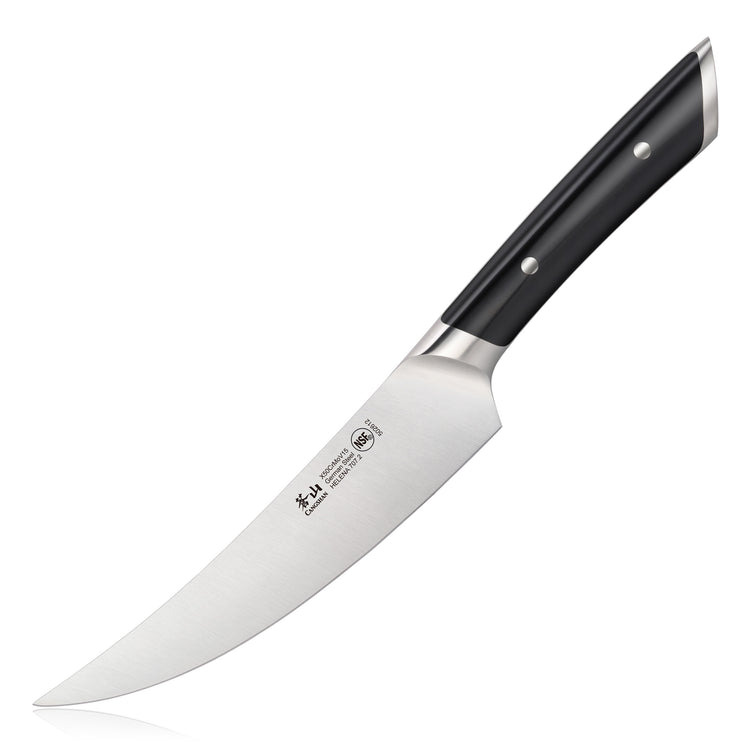6-inch boning knife with curved stainless steel blade and black ergonomic handle with metal rivets.