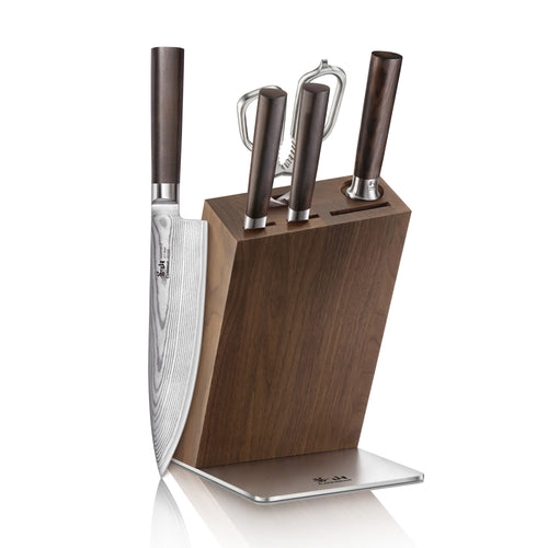 Six-piece knife block set with Damascus steel blades and dark wooden handles in a walnut block with metal base.