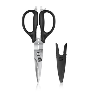 
                    
                      Heavy-duty kitchen shears with black handles and serrated stainless steel blades, accompanied by a black protective sheath.
                    
                  
