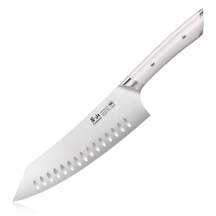 8-inch chef's knife with a white handle and a stainless steel blade featuring oval cutouts.