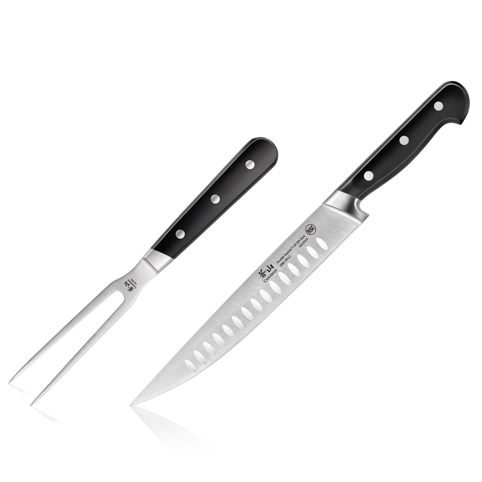 Carving fork and chef's knife with black handles and stainless steel blades on white background.