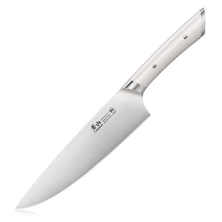
                    
                      8-inch chef's knife with a smooth stainless steel blade and a polished metal handle with two rivets.
                    
                  