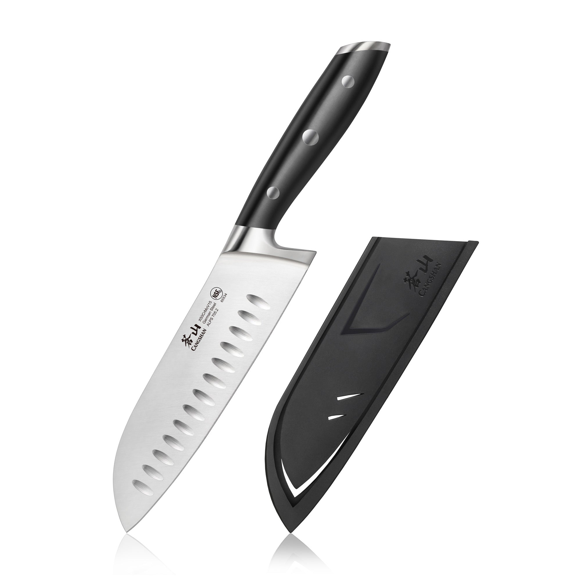 Santoku knife with a black handle and a stainless steel blade featuring oval indentations, next to a black protective sheath.