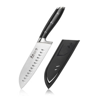 
                    
                      Santoku knife with a black handle and a stainless steel blade featuring oval indentations, next to a black protective sheath.
                    
                  